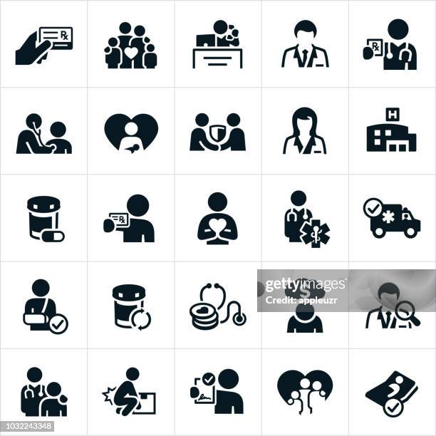 ilustraciones, imágenes clip art, dibujos animados e iconos de stock de iconos de seguros de salud - trabajador sanitario