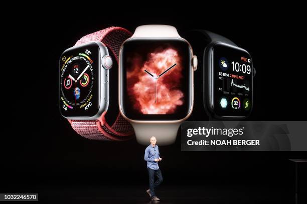 Apple COO Jeff Williams discusses Apple Watch Series 4 during an event on September 12 in Cupertino, California. - New iPhones set to be unveiled...