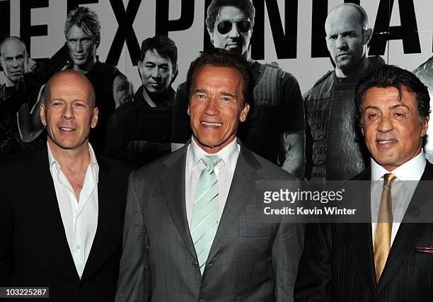 Actor Bruce Willis, California Governor Arnold Schwarzenegger and director/writer/actor Sylvester Stallone arrive at the premiere of Lionsgate Films'...