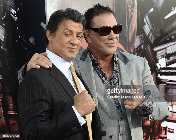 Actors Sylvester Stallone and Mickey Rourke attend the premiere of "The Expendables" at Grauman's Chinese Theatre on August 3, 2010 in Hollywood,...