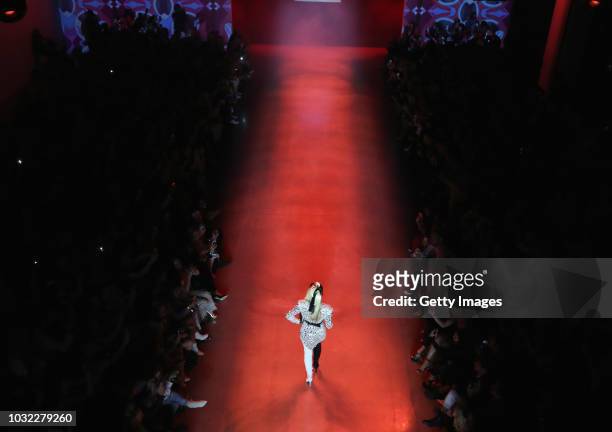 An Aerial view of Paris Hilton walking the runway for Disney Villains x The Blonds during New York Fashion Week: The Shows at Gallery II at Spring...