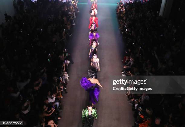 An Aerial view of Patrick Starrr and models walking the runway for Disney Villains x The Blonds during New York Fashion Week: The Shows at Gallery II...