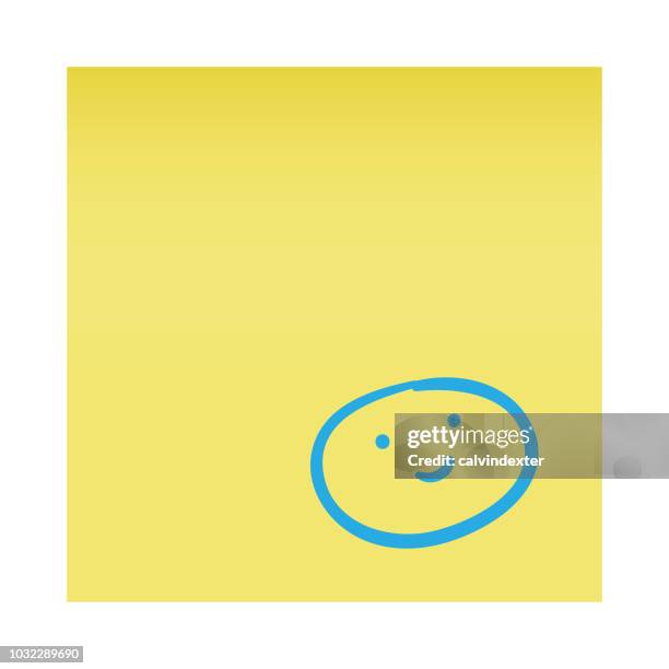 adhesive note with emoji pencil drawing - yellow post it notes stock illustrations