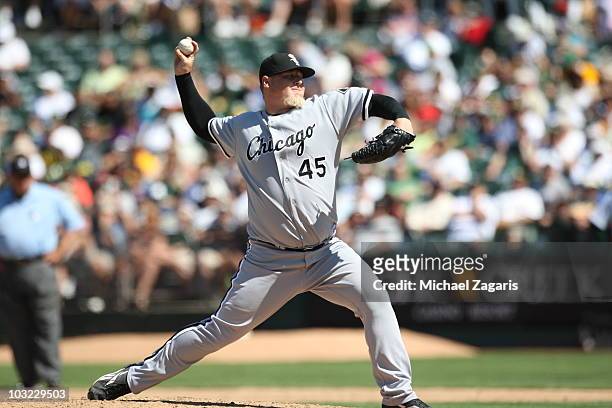 Bobby Jenks of the Chicago White Sox pitching during the game against the Oakland Athletics at the Oakland-Alameda County Coliseum on July 25, 2010...