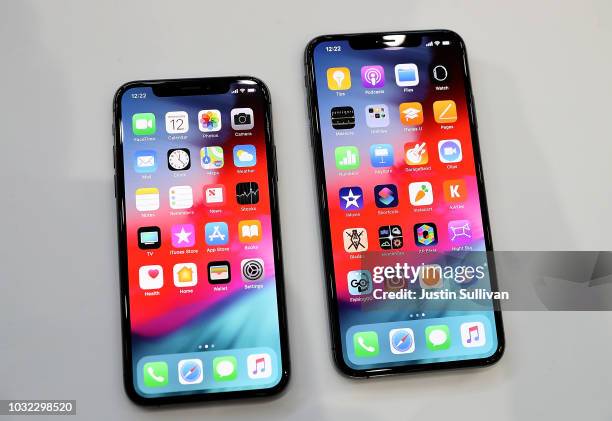 The new Apple iPhone Xs and iPhone Xs Max are displayed during an Apple special event at the Steve Jobs Theatre on September 12, 2018 in Cupertino,...