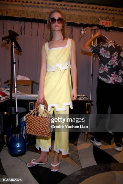 Model poses for the Staud Presentation during New York Fashion Week: The Shows at Laudree on September 12, 2018 in New York City.