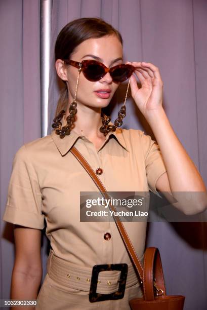 Model poses for the Staud Presentation during New York Fashion Week: The Shows at Laudree on September 12, 2018 in New York City.