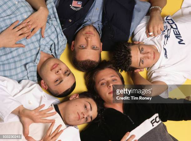 English boy band 5ive, circa 1997. They are J Brown, Abz Love, Ritchie Neville, Scott Robinson and Sean Conlon.