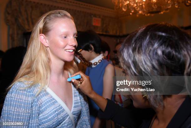 Model prepares backstage for the Staud Presentation during New York Fashion Week: The Shows at Laudree on September 12, 2018 in New York City.