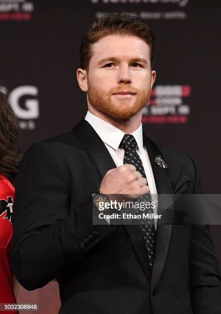 Boxer Canelo Alvarez poses after a news conference at MGM Grand Hotel & Casino on September 12, 2018 in Las Vegas, Nevada. Alvarez will challenge...