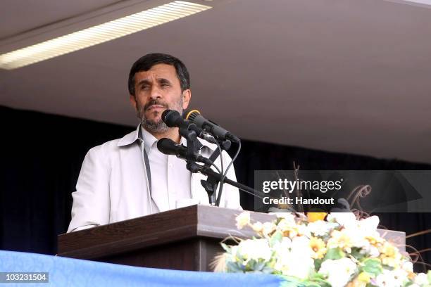 In this handout image supplied by the Iranian President's Office, Iranian President Mahmoud Ahmadinejad delivers a speech on August 4, 2010 in...