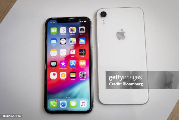 The Apple Inc. IPhone XR smartphone is displayed during an event at the Steve Jobs Theater in Cupertino, California, U.S., on Wednesday, Sept. 12,...