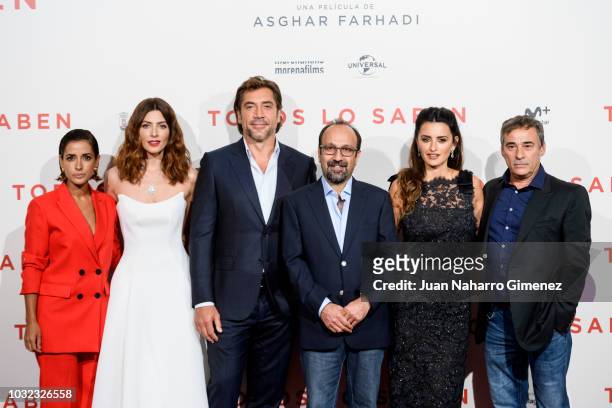 Inma Cuesta, Barbara Lennie, Javier Bardem, Asghar Farhadi, Penelope Cruz and Eduard Fernandez attend 'Todos lo saben' premiere at Callao Cinema on...