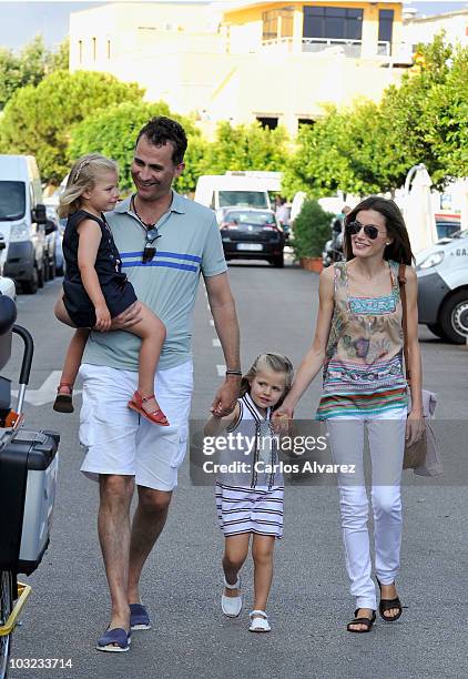 Prince Felipe of Spain, Princess Letizia of Spain and their daughters Princess Sofia and Princess Leonor arrive to the Real Club Nautico de Palma to...