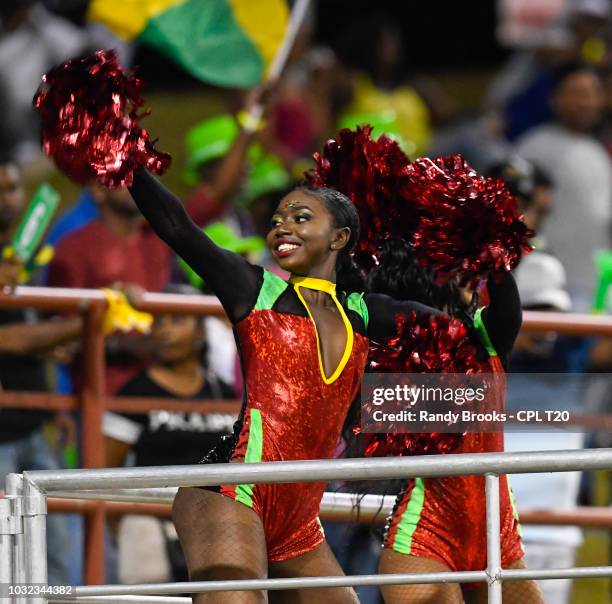 In this handout image provided by CPL T20, Cheerleaders perform during the Hero Caribbean Premier League Play-Off match 32 between St Kitts & Nevis...