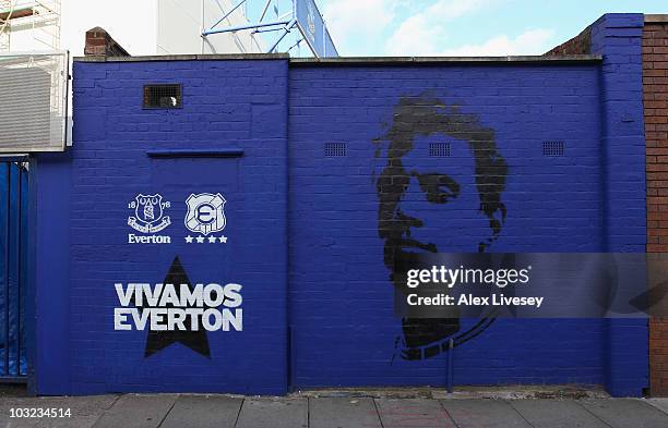 Mural is seen outside Goodison Park prior to the pre-season friendly match between Everton and Everton Chile at Goodison Park on August 4, 2010 in...