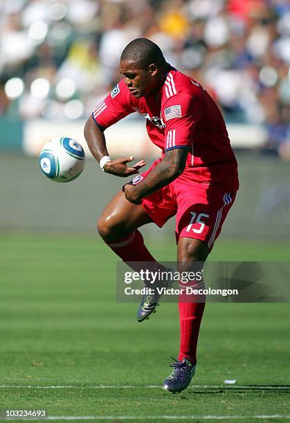 Collins John of the Chicago Fire plays the ball of his chest in the first half against the Los Angeles Galaxy during their MLS match at The Home...