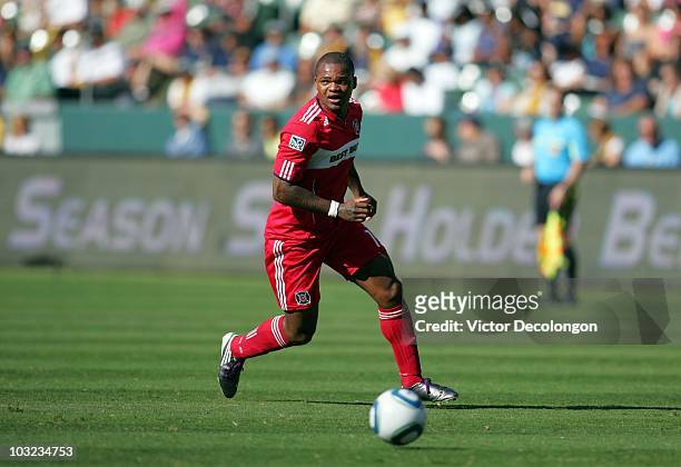 Collins John of the Chicago Fire paces the ball on the attack in the first half against the Los Angeles Galaxy during their MLS match at The Home...