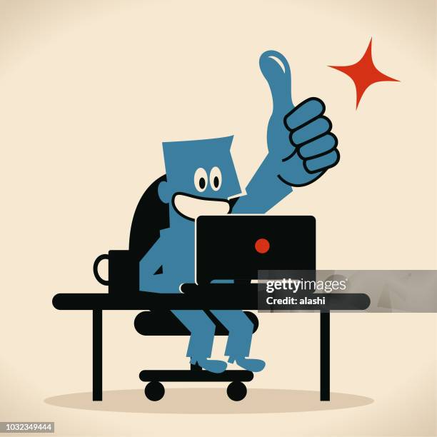 smiling businessman (computer programmer, designer) using laptop at desk and gesturing thumbs up - smiling-man-at-computer stock illustrations