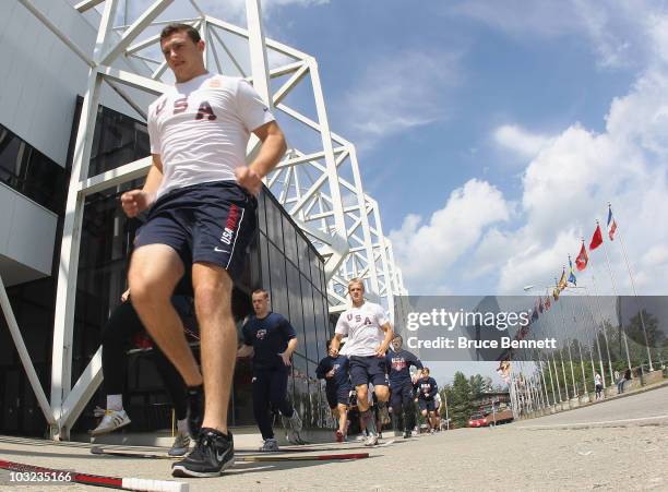 Team USA players warm up for their game against Team Finland at the USA Hockey National Evaluation Camp on August 4, 2010 in Lake Placid, New York.