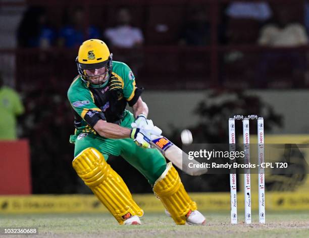 In this handout image provided by CPL T20, Glenn Phillips of Jamaica Tallawahs hits 4 during the Hero Caribbean Premier League Play-Off match 32...