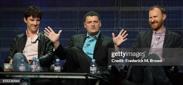 Actor Benedict Cumberbatch, co-creators Steven Moffat and Mark Gatiss of the television show "Sherlock" speak during the PBS portion of the 2010...