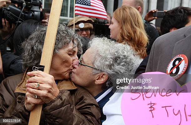 Prop 8 opponents celebrate the ruling to overturn the ban on gay marriage outside of the Philip Burton Federal building August 4, 2010 in San...