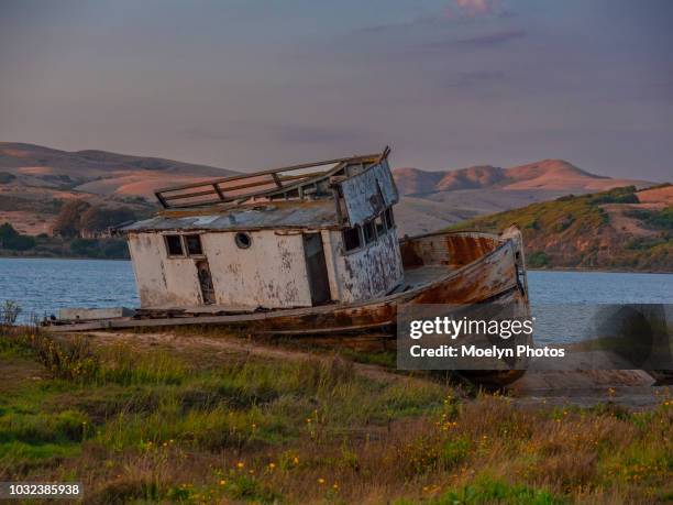 boat wreck at twilight - bahía tomales fotografías e imágenes de stock