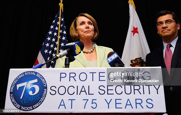 Speaker of the House Rep. Nancy Pelosi , speaks during a news conference as Rep. Xavier Becerra , Vice Chair of the Democratic Caucus, looks on after...