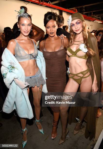 Bella Hadid, Rihanna and Gigi Hadid pose backstage for the Savage X Fenty Fall/Winter 2018 fashion show during NYFW at the Brooklyn Navy Yard on...