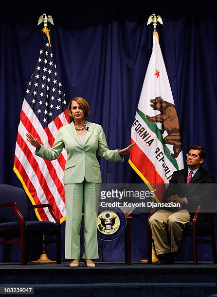 Speaker of the House Rep. Nancy Pelosi , speaks during an event to mark the 75th anniversary of the Social Security Act at a community forum as Rep....