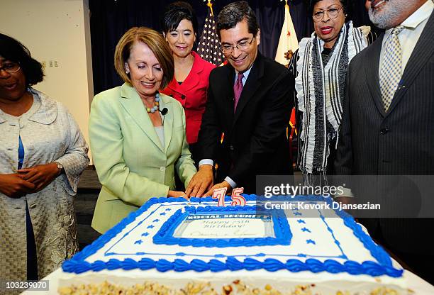 Speaker of the House Rep. Nancy Pelosi , and Vice Chair of the Democratic Caucus Rep. Xavier Becerra , cut a cake as Rep. Judy Chu and Rep. Diane...