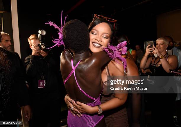 Rihanna poses backstage for the Savage X Fenty Fall/Winter 2018 fashion show during NYFW at the Brooklyn Navy Yard on September 12, 2018 in Brooklyn,...