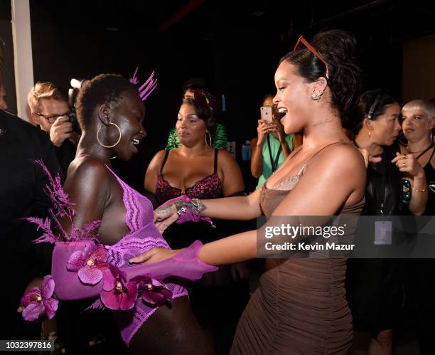 Rihanna poses backstage for the Savage X Fenty Fall/Winter 2018 fashion show during NYFW at the Brooklyn Navy Yard on September 12, 2018 in Brooklyn,...