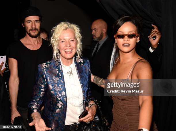 Rihanna poses backstage for the Savage X Fenty Fall/Winter 2018 fashion show during NYFW at the Brooklyn Navy Yard on September 12, 2018 in Brooklyn,...