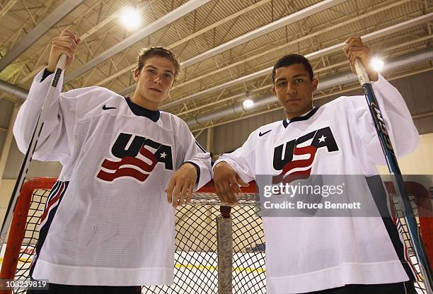Beau Bennett and Emerson Etem of Team USA pose for photographs at the USA Hockey National Evaluation Camp on August 4, 2010 in Lake Placid, New York.