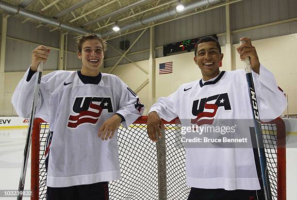 Beau Bennett and Emerson Etem of Team USA pose for photographs at the USA Hockey National Evaluation Camp on August 4, 2010 in Lake Placid, New York.