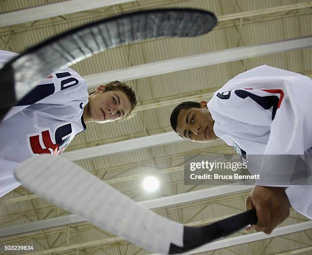 Beau Bennett and Emerson Etem of Team USA pose for photographs at the USA Hockey National Evaluation Camp on August 4, 2010 in Lake Placid, New York.