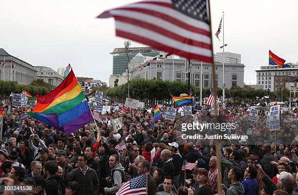 Hundreds of Proposition 8 opponents fill Civic Center Plaza during a rally to celebrate the ruling to overturn Proposition 8 August 4, 2010 in San...