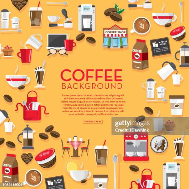 coffee icon set background design template with placement text - coffee pot pouring stock illustrations