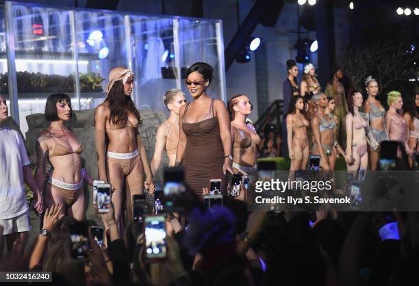 Rihanna walks the runway for the Savage X Fenty Fall/Winter 2018 fashion show during NYFW at the Brooklyn Navy Yard on September 12, 2018 in...
