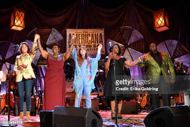 Brandi Carlile, Irma Thomas, Courtney Marie Andrews, Tanya Blount and Michael Trotter Jr. Of The War and Treaty perform onstage during the 2018...