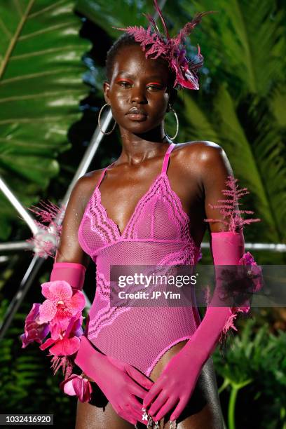 Model walks the runway for the Savage X Fenty Fall/Winter 2018 fashion show during NYFW at the Brooklyn Navy Yard on September 12, 2018 in Brooklyn,...