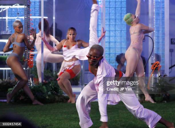 Models walk the runway for the Savage X Fenty Fall/Winter 2018 fashion show during NYFW at the Brooklyn Navy Yard on September 12, 2018 in Brooklyn,...