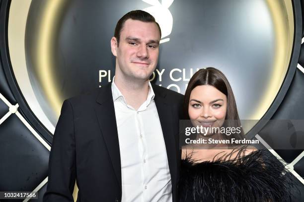 Cooper Hefner and fiance Scarlett Byrne arrive at Playboy Club New York Grand Opening on September 12, 2018 in New York City.