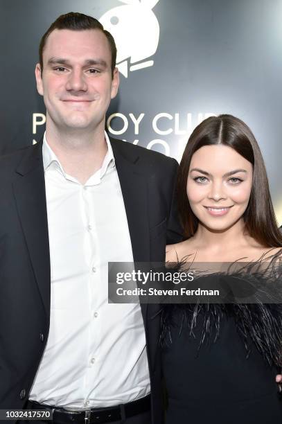 Cooper Hefner and fiance Scarlett Byrne arrive at Playboy Club New York Grand Opening on September 12, 2018 in New York City.