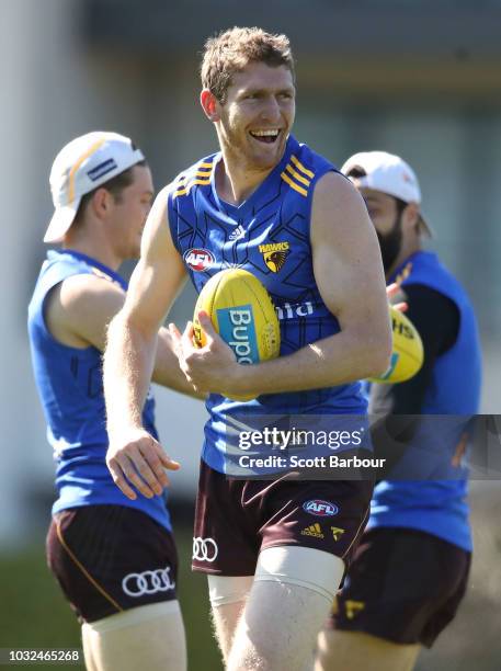 Ben McEvoy of the Hawks laughs during a Hawthorn Hawks AFL training session at Waverley Park on September 13, 2018 in Melbourne, Australia.