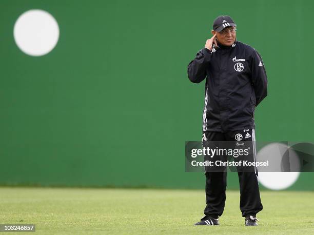 Head coach Felix Magath of Schalke looks on during the FC Schalke training session at the training ground on August 5, 2010 in Gelsenkirchen, Germany.