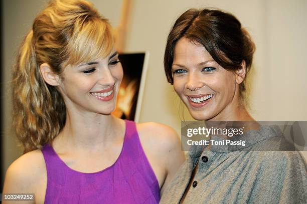 Actress Louise Bourgoin with actress Jessica Schwarz attend the photocall 'The Extraordinary Adventures of Adele Blanc-Sec' at Hotel de Rome on...