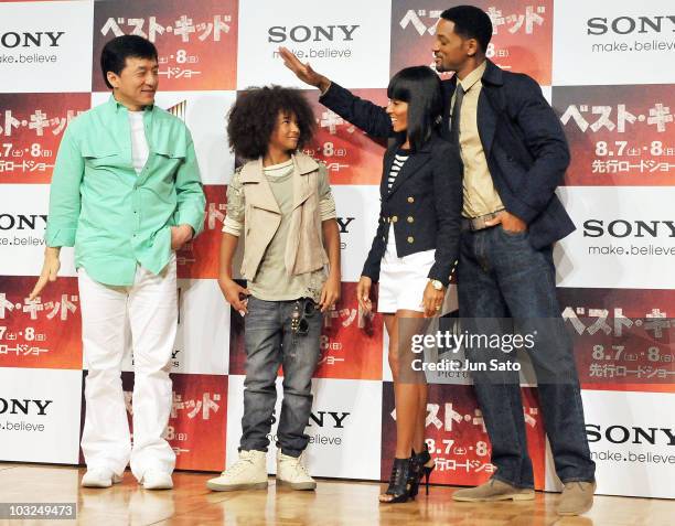 Actors Jackie Chan, Jaden Smith, producers Jada Pinkett Smith and Will Smith attend a "The Karate Kid" press conference at The Ritz Carlton Tokyo on...